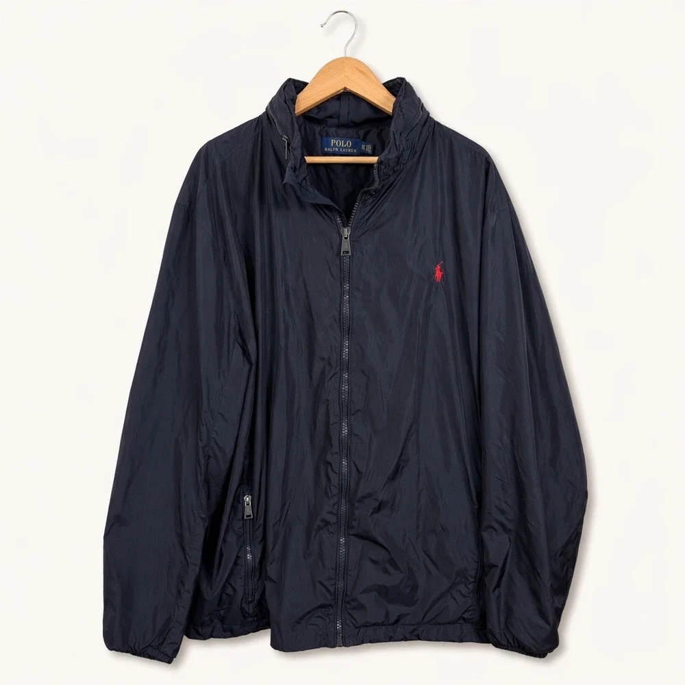 Polo Ralph Lauren Men XLT Windbreaker Jacket Navy Blue Full Zip Hooded Pony Prep